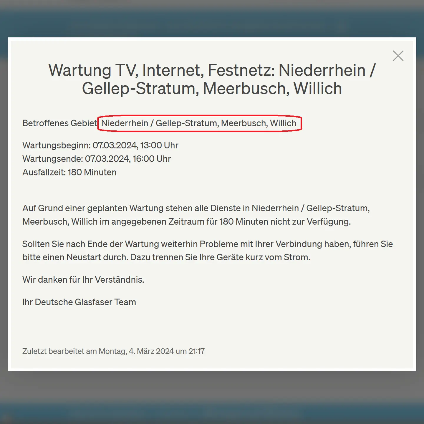 Bild mit Text-Info zur Wartung im Glasfasernetz Deutsche Glasfaser