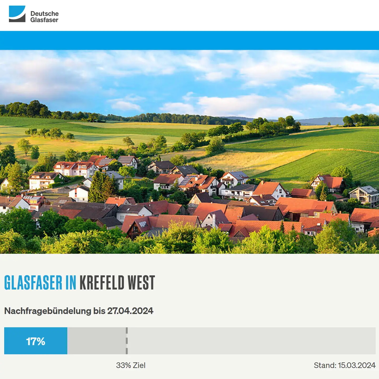 Screenshot von "Deutsche Glasfaser", oben DG Logo, ein Landschaftsbild, Schriftzüge "Glasfaser in Krefeld-West", Nachfragebündelung bis 27.4.2024, Anzeige der aktuellen Prozentzahl von 33% Ziel